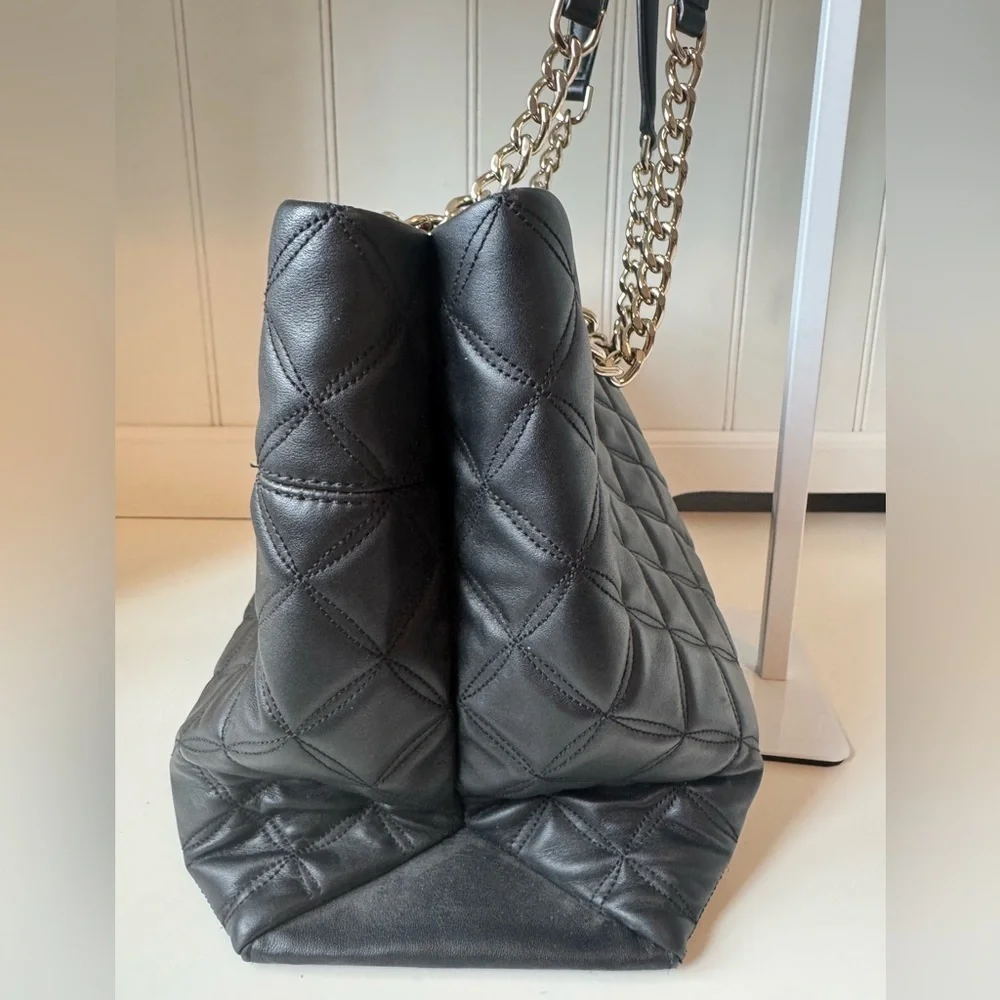 Kate Spade Women’s Black Quilted Leather Tote with Gold Chain Straps